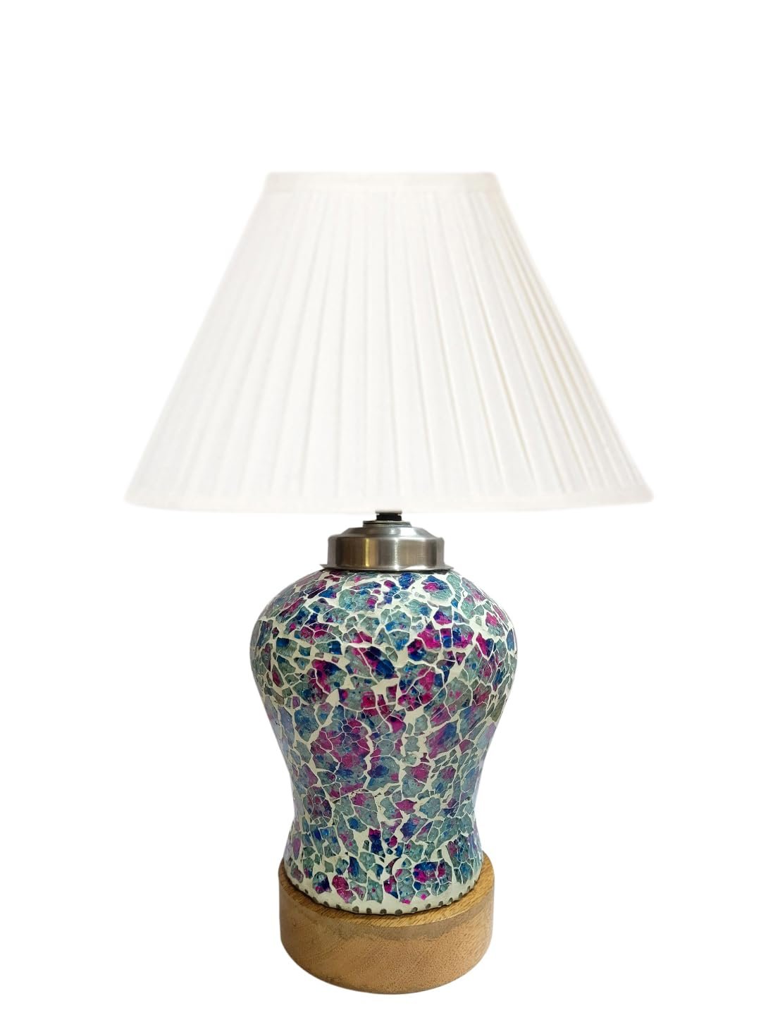 Off-White Knife Pleated Cotton Shade Lamp with Wood & Mosaic Glass Base for Decoration/Office/Home/Gifting/Study for Office/Home/Gifting -(12x12x16) Inches -AA