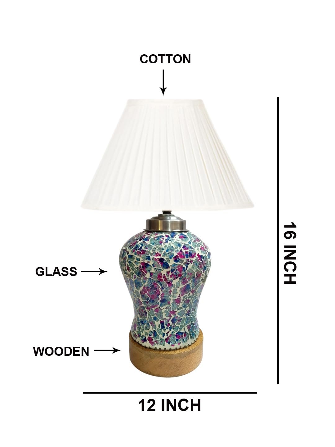 Off-White Knife Pleated Cotton Shade Lamp with Wood & Mosaic Glass Base for Decoration/Office/Home/Gifting/Study for Office/Home/Gifting -(12x12x16) Inches -AA