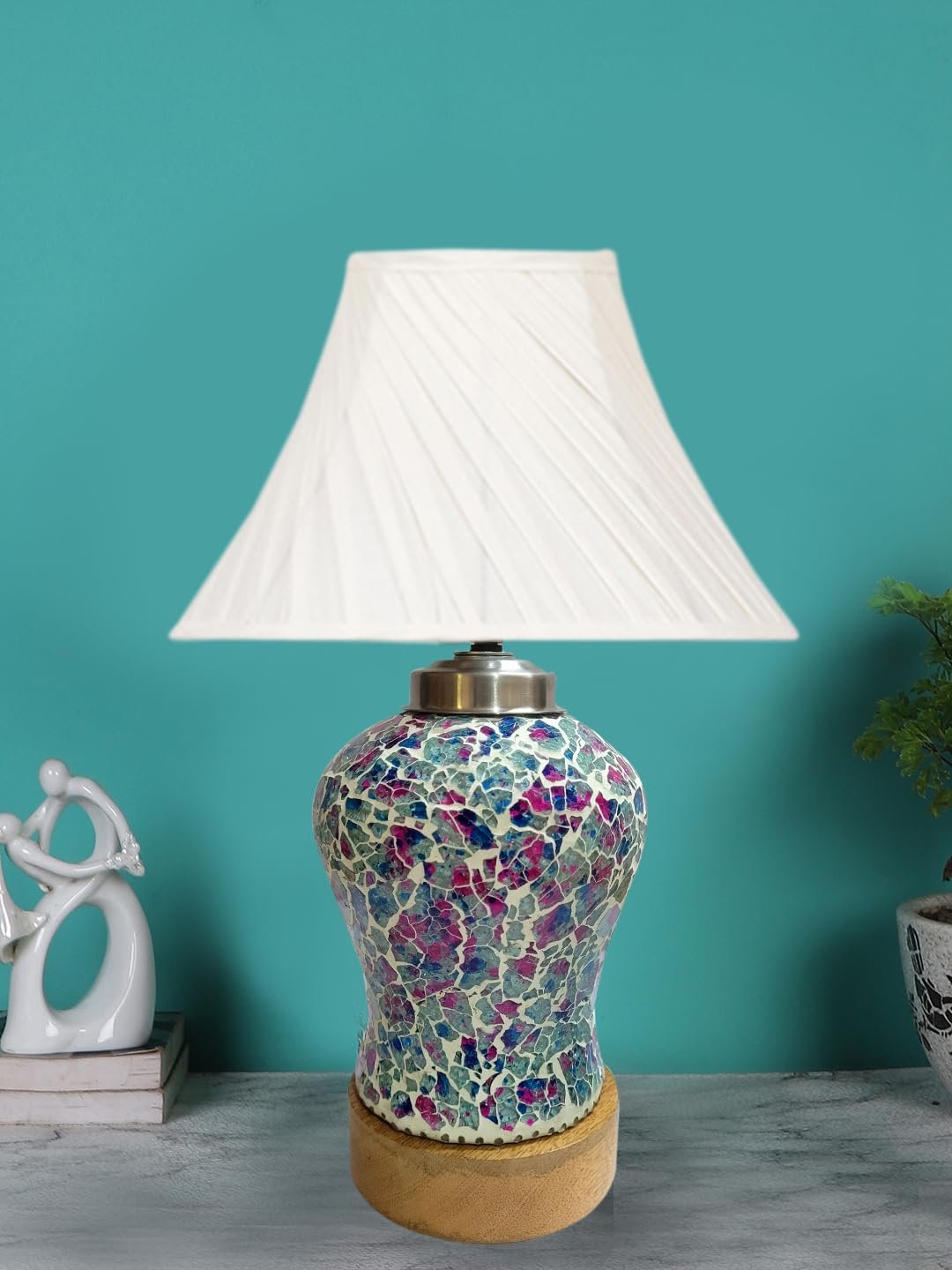 Off-White Cross Pleated Cotton Shade Lamp with Wood & Mosaic Glass Base for Decoration/Office/Home/Gifting/Study for Office/Home/Gifting -(12x12x16) Inches -AD