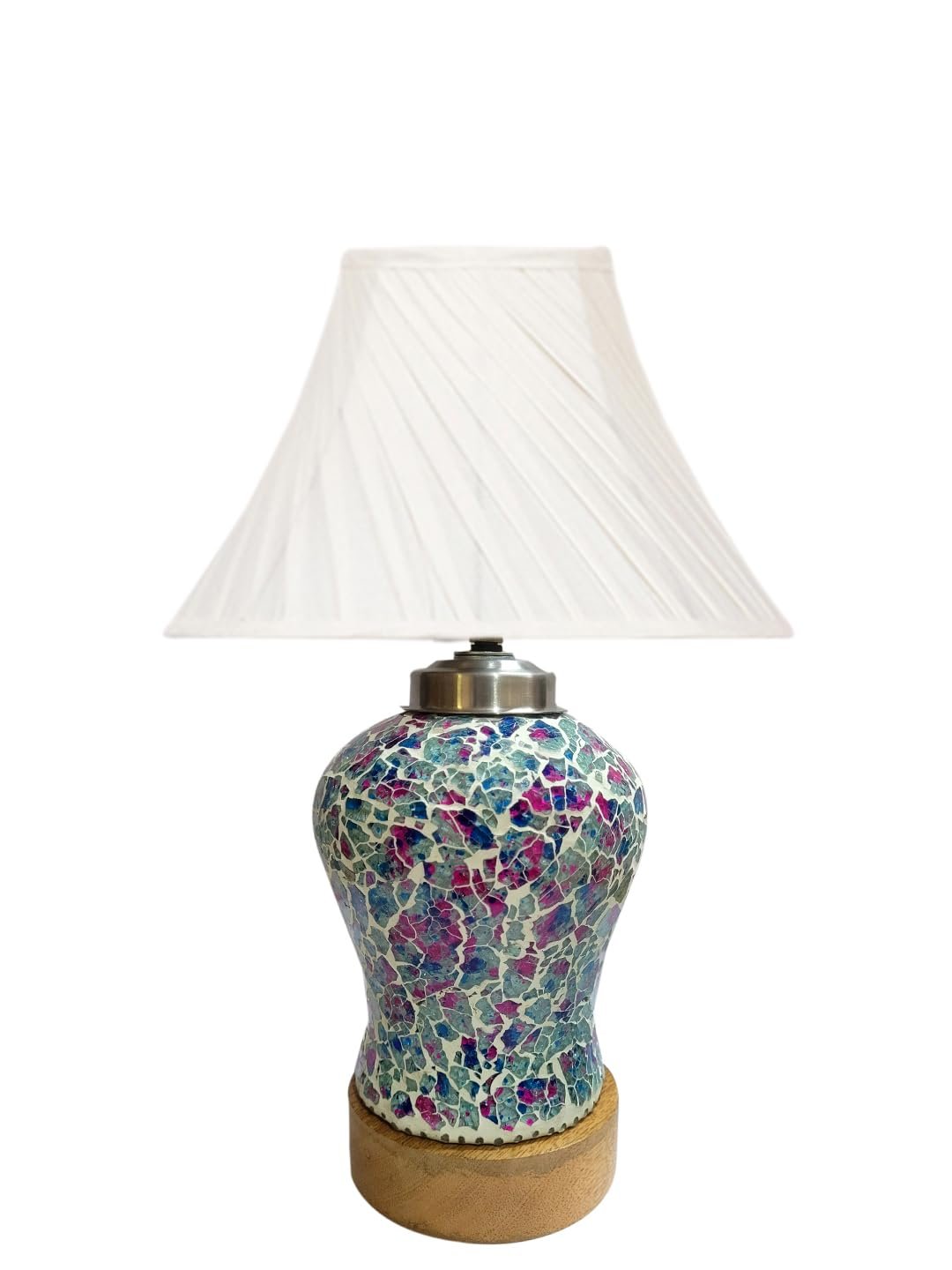 Off-White Cross Pleated Cotton Shade Lamp with Wood & Mosaic Glass Base for Decoration/Office/Home/Gifting/Study for Office/Home/Gifting -(12x12x16) Inches -AD