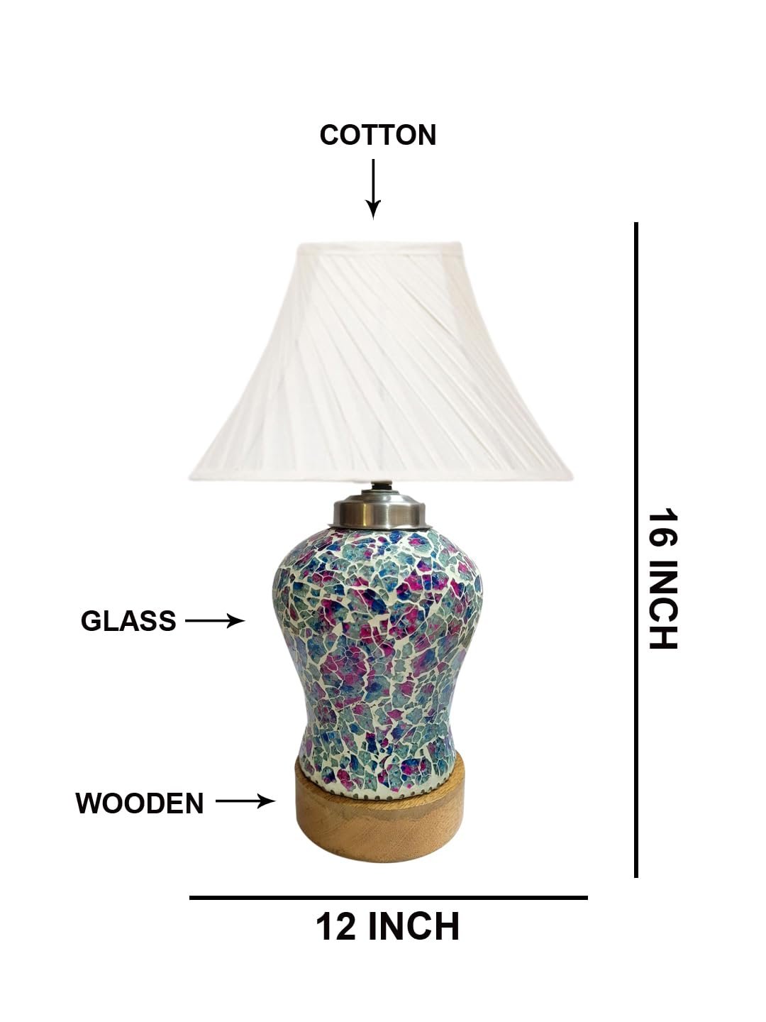 Off-White Cross Pleated Cotton Shade Lamp with Wood & Mosaic Glass Base for Decoration/Office/Home/Gifting/Study for Office/Home/Gifting -(12x12x16) Inches -AD