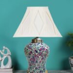 Off-White Curtain Pleated Cotton Shade Lamp with Wood & Mosaic Glass Base for Decoration/Office/Home/Gifting/Study for Office/Home/Gifting -(12x12x16) Inches -AE