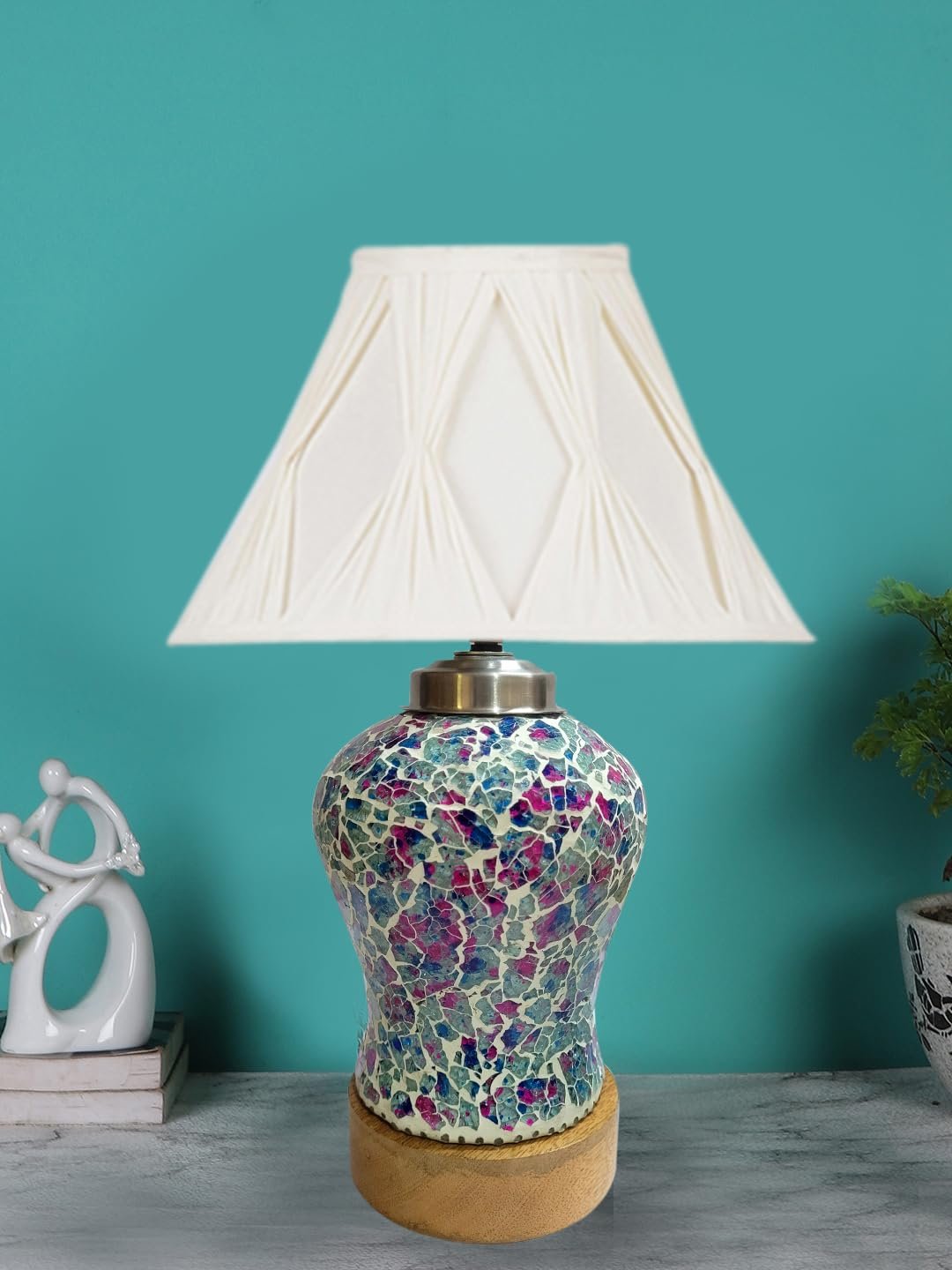 Off-White Curtain Pleated Cotton Shade Lamp with Wood & Mosaic Glass Base for Decoration/Office/Home/Gifting/Study for Office/Home/Gifting -(12x12x16) Inches -AE