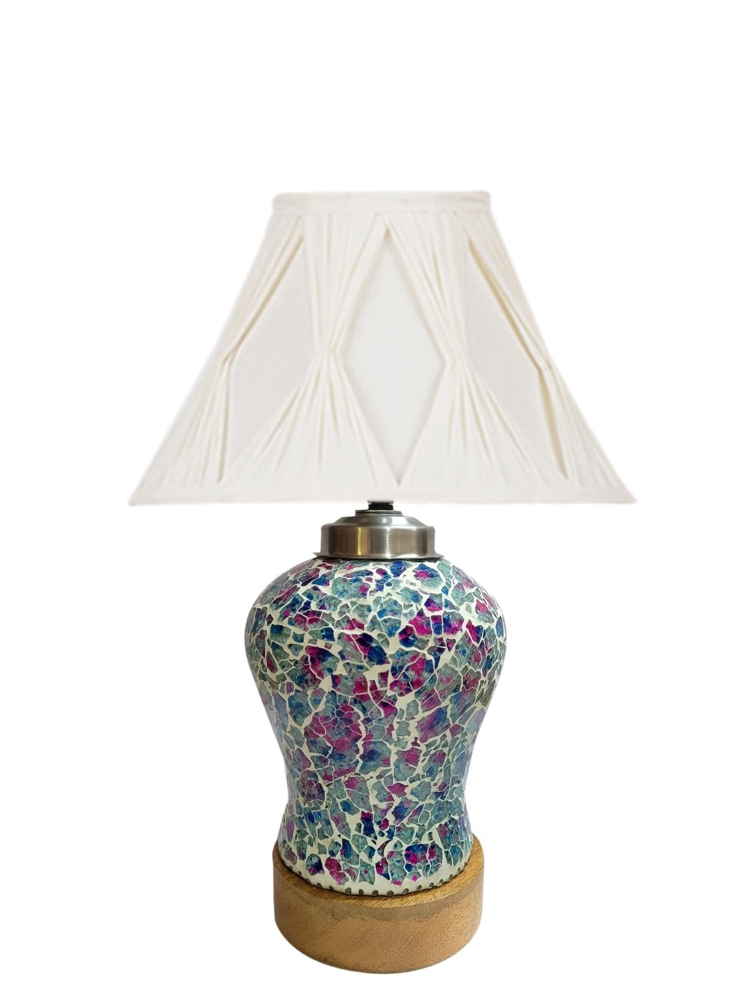 Off-White Curtain Pleated Cotton Shade Lamp with Wood & Mosaic Glass Base for Decoration/Office/Home/Gifting/Study for Office/Home/Gifting -(12x12x16) Inches -AE