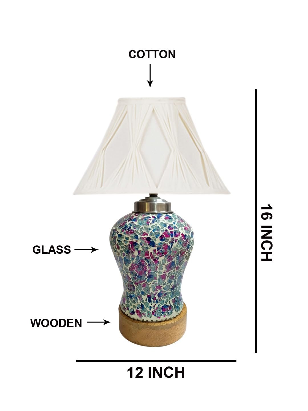 Off-White Curtain Pleated Cotton Shade Lamp with Wood & Mosaic Glass Base for Decoration/Office/Home/Gifting/Study for Office/Home/Gifting -(12x12x16) Inches -AE