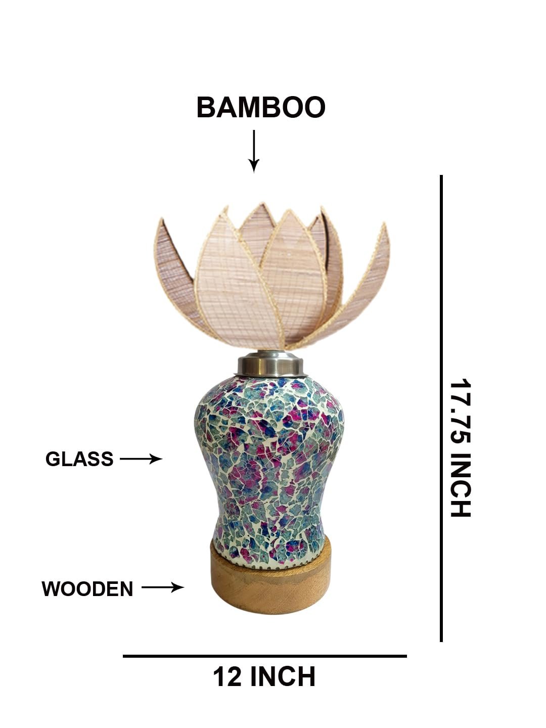 Rose Bamboo Shade Lamp with Wood & Mosaic Glass Base for Decoration/Office/Home/Gifting/Study for Office/Home/Gifting -(12x12x17.75) Inches -