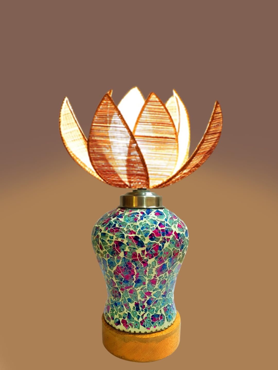 Rose Bamboo Shade Lamp with Wood & Mosaic Glass Base for Decoration/Office/Home/Gifting/Study for Office/Home/Gifting -(12x12x17.75) Inches -
