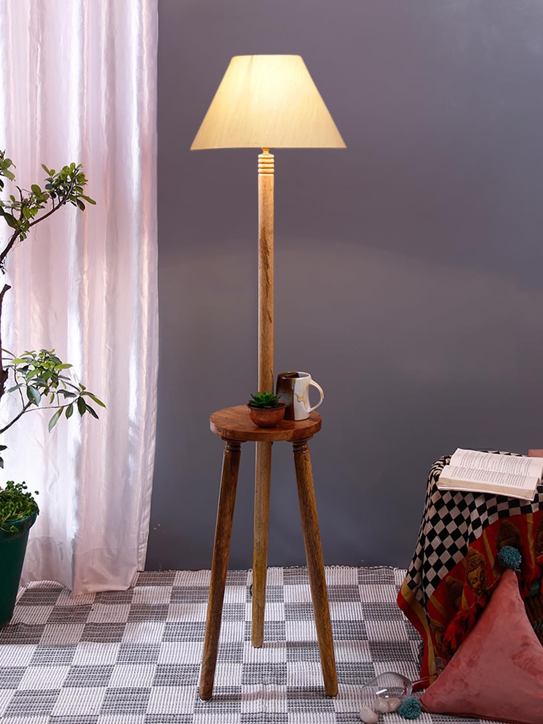 Off-White Cotton Conical Wooden Floor Lamp -20(14x55.75inches) -Tripod Natural