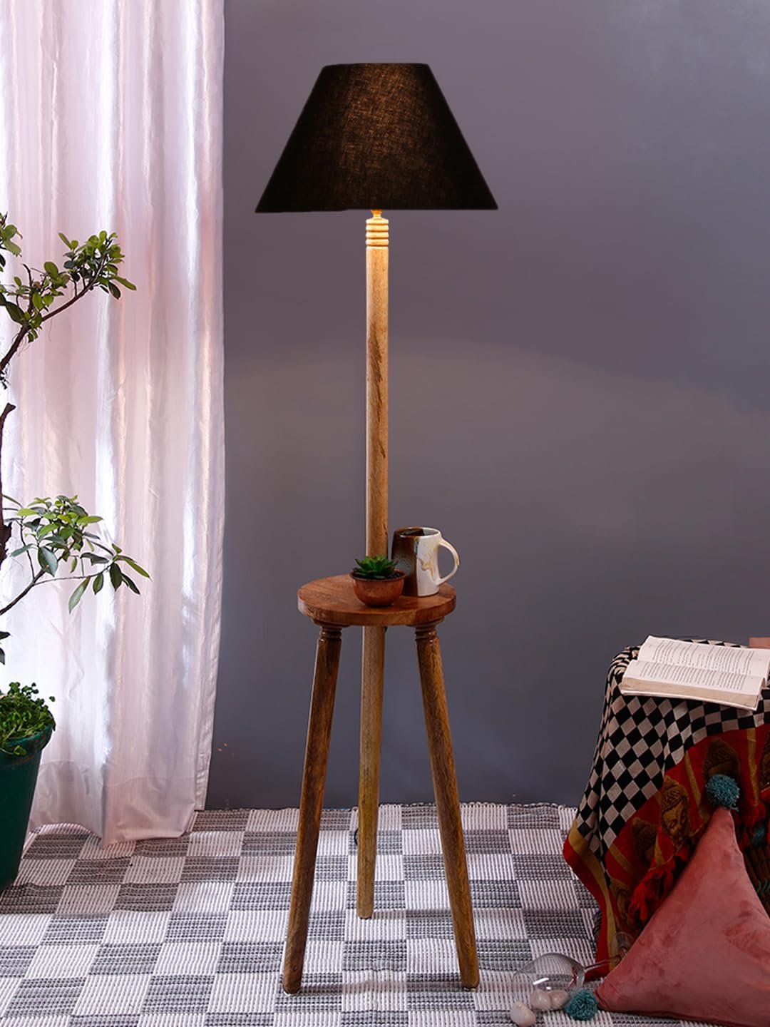 Black Cotton Conical Wooden Floor Lamp -21 (14x55.75inches) -Tripod Natural
