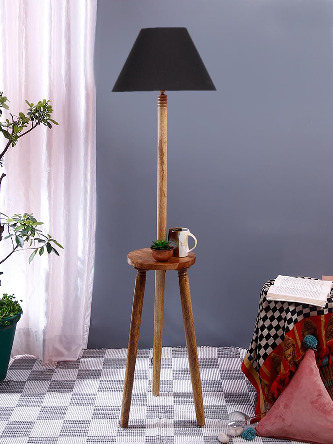 Black Cotton Conical Wooden Floor Lamp -21 (14x55.75inches) -Tripod Natural