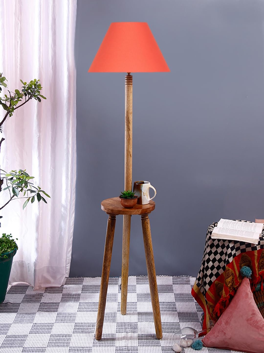 Orange Cotton Conical Wooden Floor Lamp -23-(14x55.75inches) -Tripod Natural