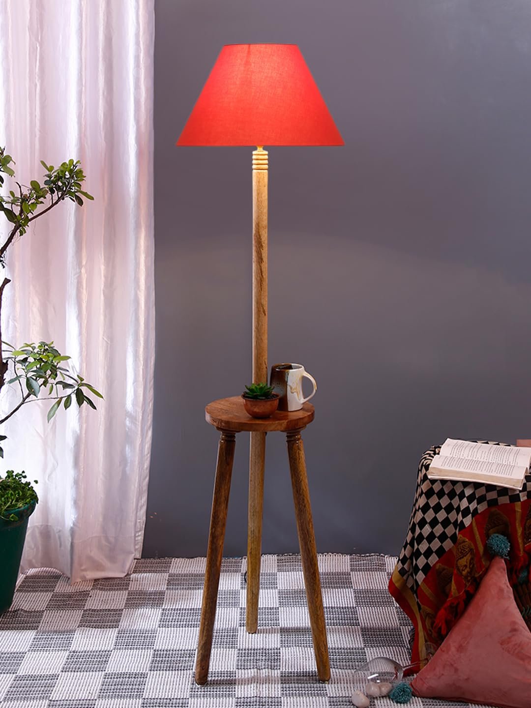 Orange Cotton Conical Wooden Floor Lamp -23-(14x55.75inches) -Tripod Natural