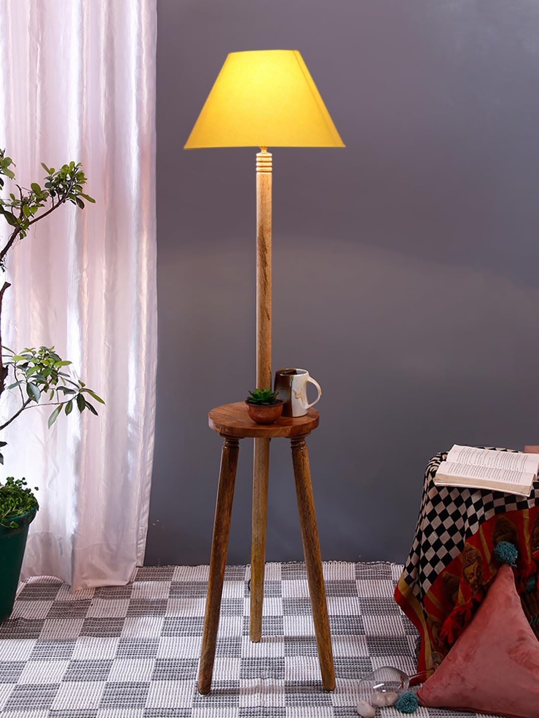 Yellow Cotton Conical Wooden Floor Lamp -24-(14x55.75inches) -Tripod Natural