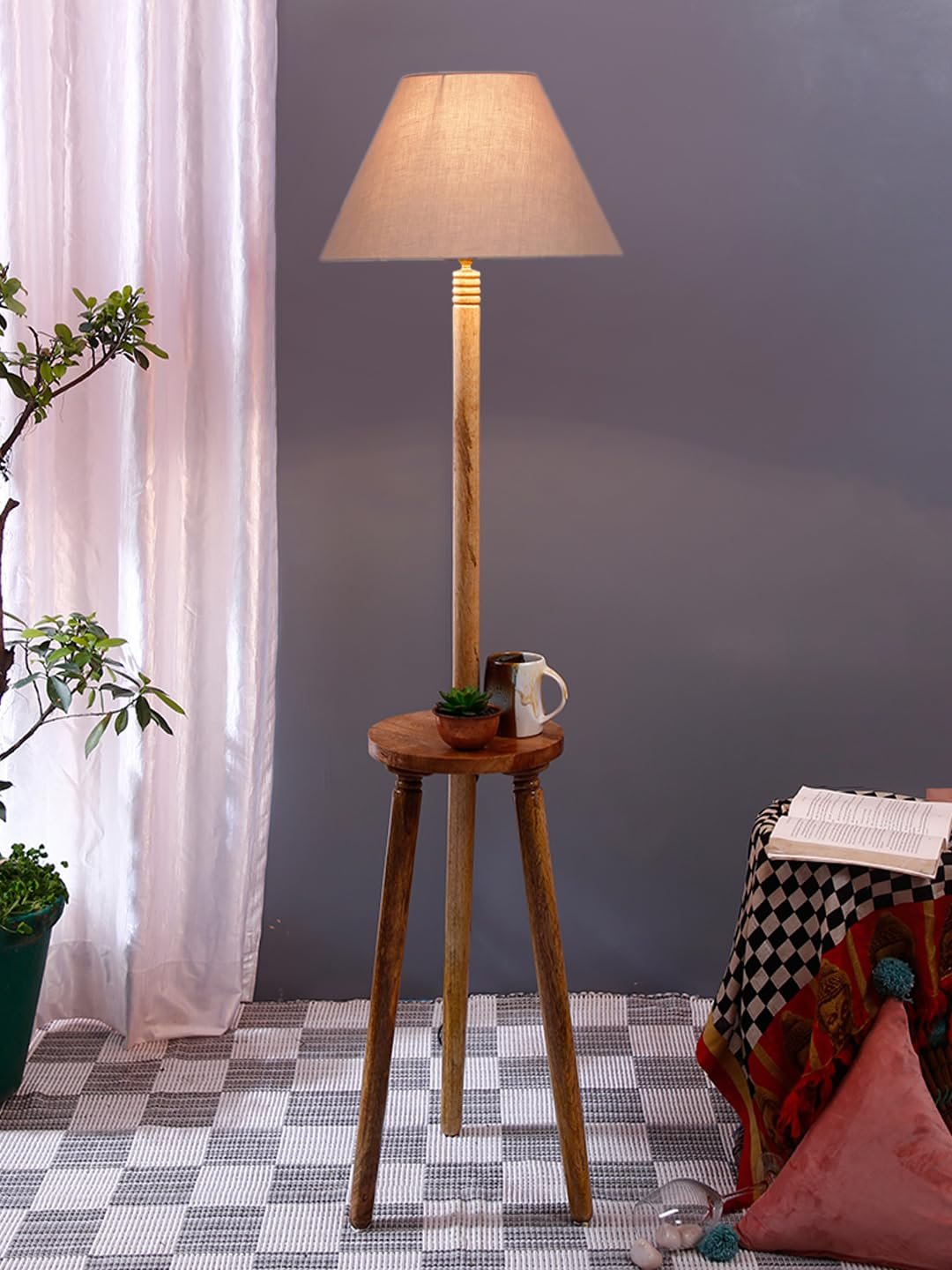 Grey Cotton Conical Wooden Floor Lamp -25-(14x55.75inches) -Tripod Natural