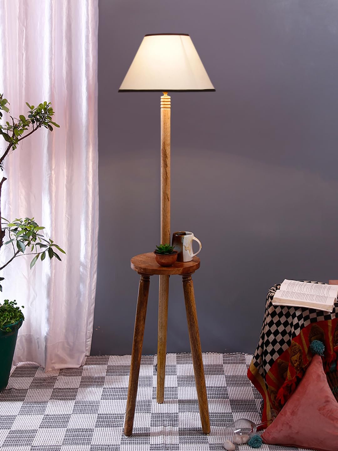 White & Black Cotton Conical Wooden Floor Lamp -26-(14x55.75inches) -Tripod Natural