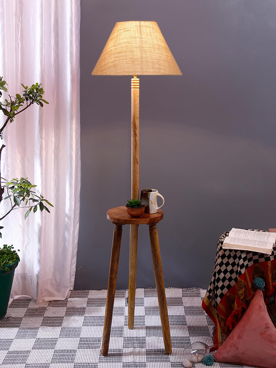 Beige Jute Conical Wooden Floor Lamp -27-(14x55.75inches) -Tripod Natural