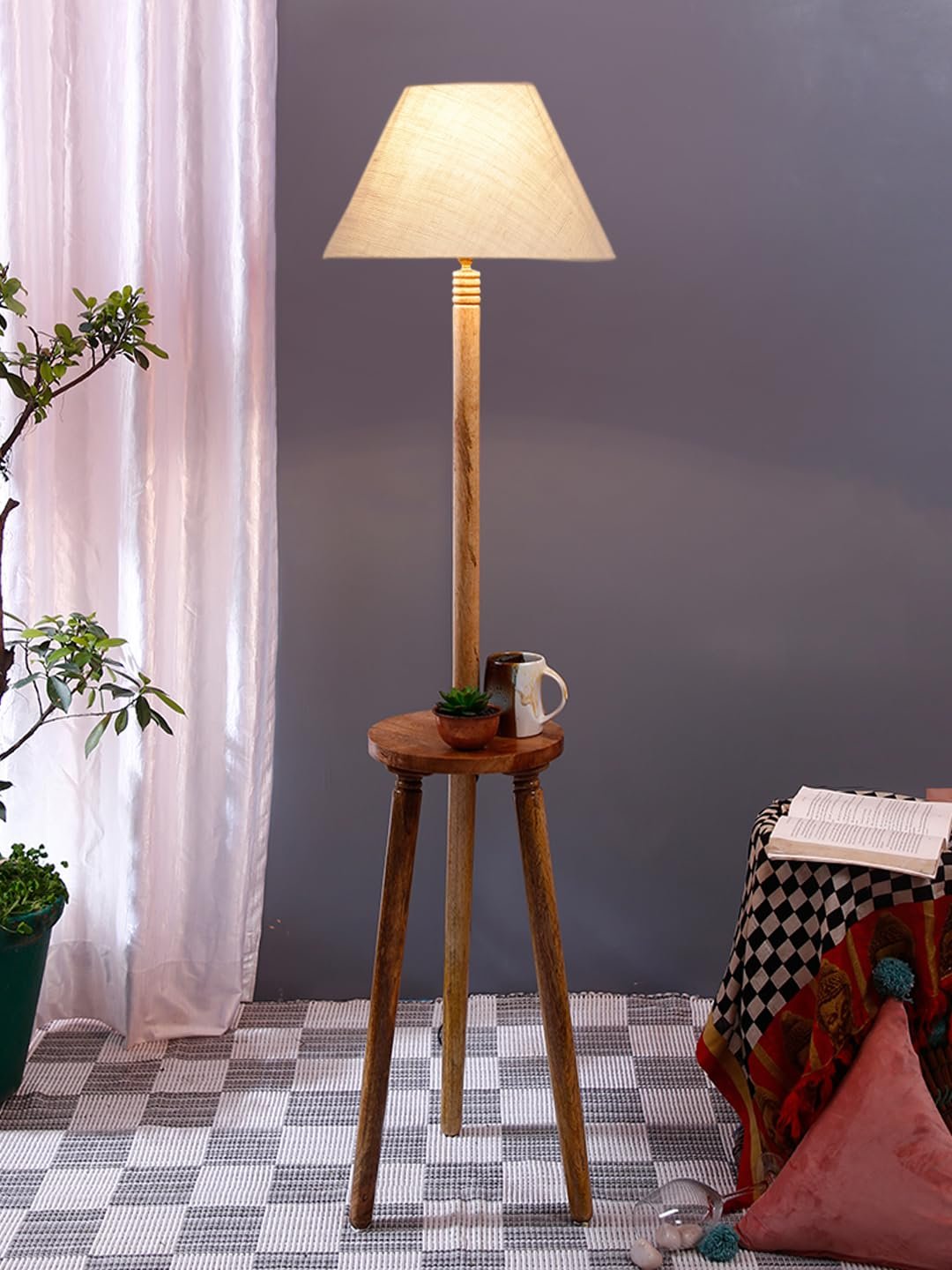 White Jute Conical Wooden Floor Lamp -28-(14x55.75inches) -Tripod Natural