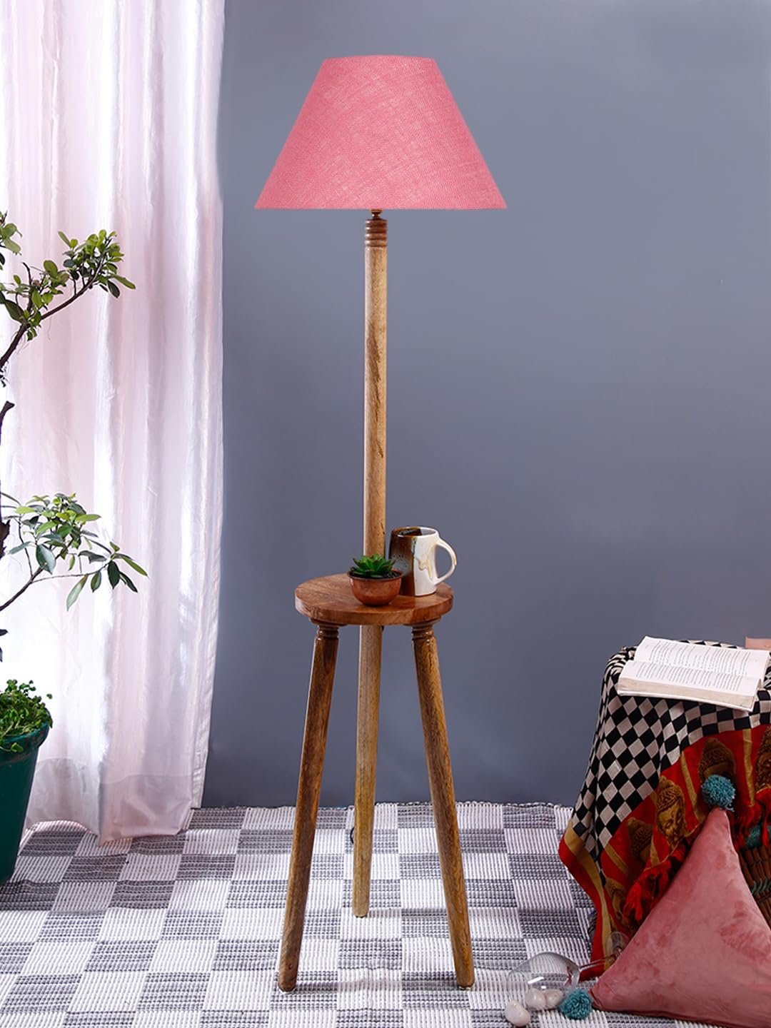 Pink Jute Conical Wooden Floor Lamp -29-(14x55.75inches) -Tripod Natural