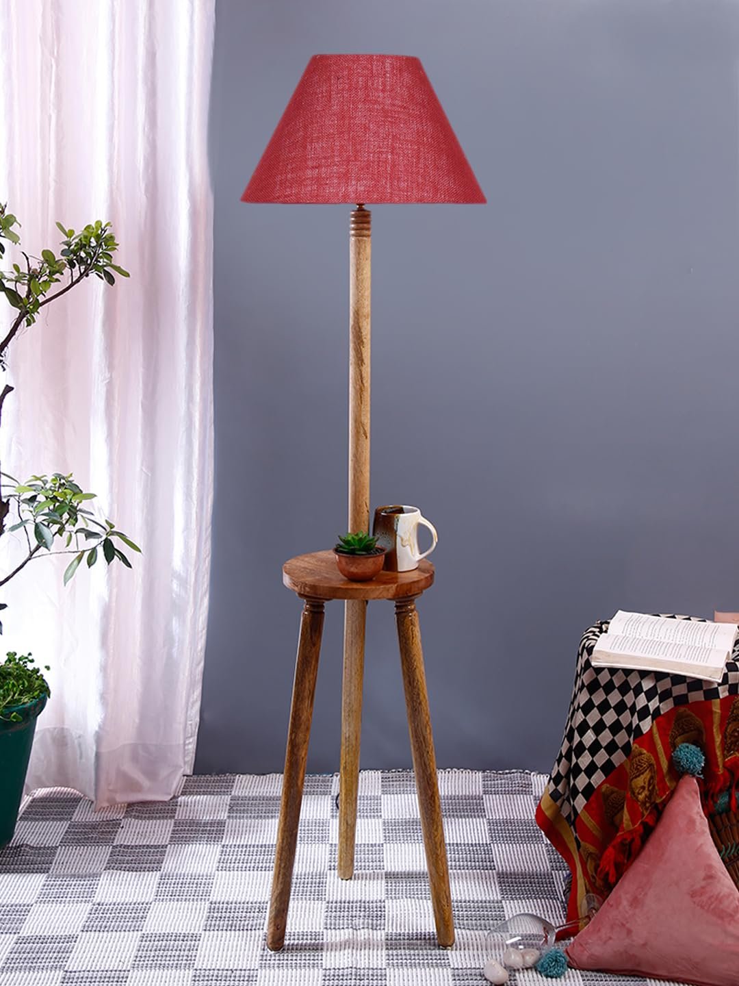 Maroon Jute Conical Wooden Floor Lamp -30-(14x55.75inches) -Tripod Natural