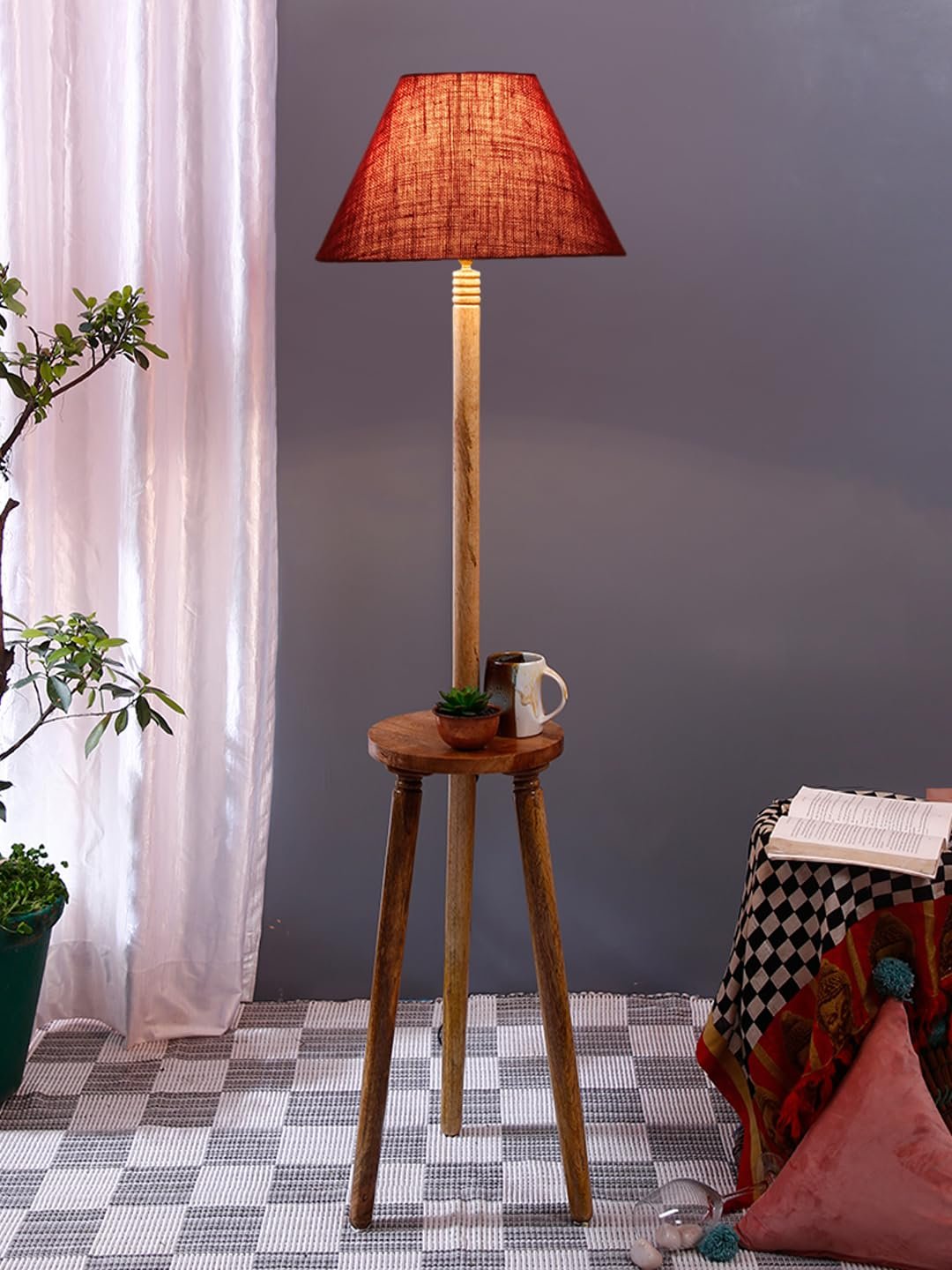 Maroon Jute Conical Wooden Floor Lamp -30-(14x55.75inches) -Tripod Natural