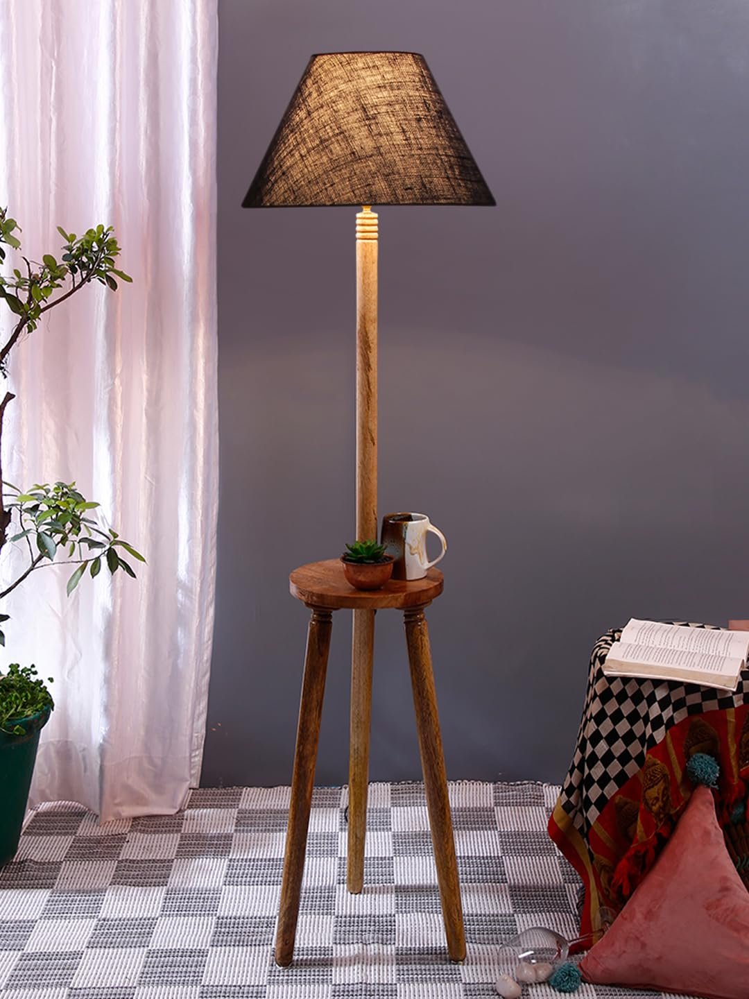 Blue Jute Wooden Floor Lamp -31-(14x55.75inches) -Tripod Natural