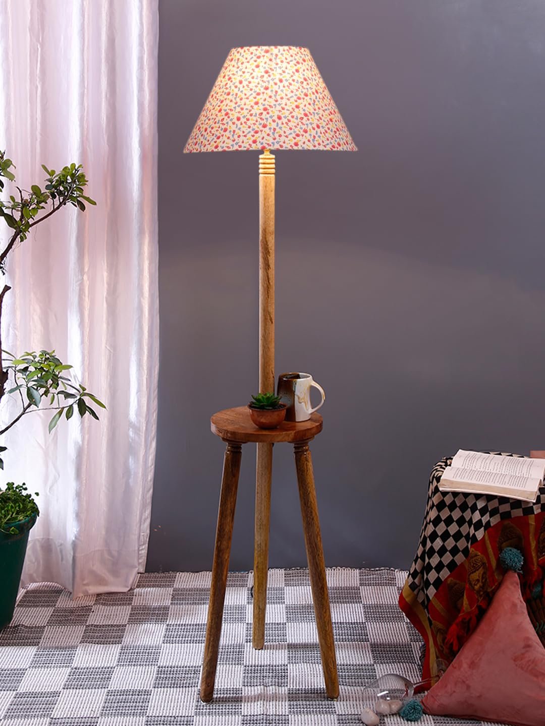 Printed Cotton Conical Wooden Floor Lamp -34(14x55.75inches) -Tripod Natural