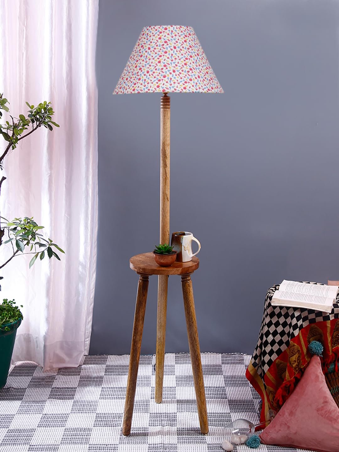 Printed Cotton Conical Wooden Floor Lamp -34(14x55.75inches) -Tripod Natural