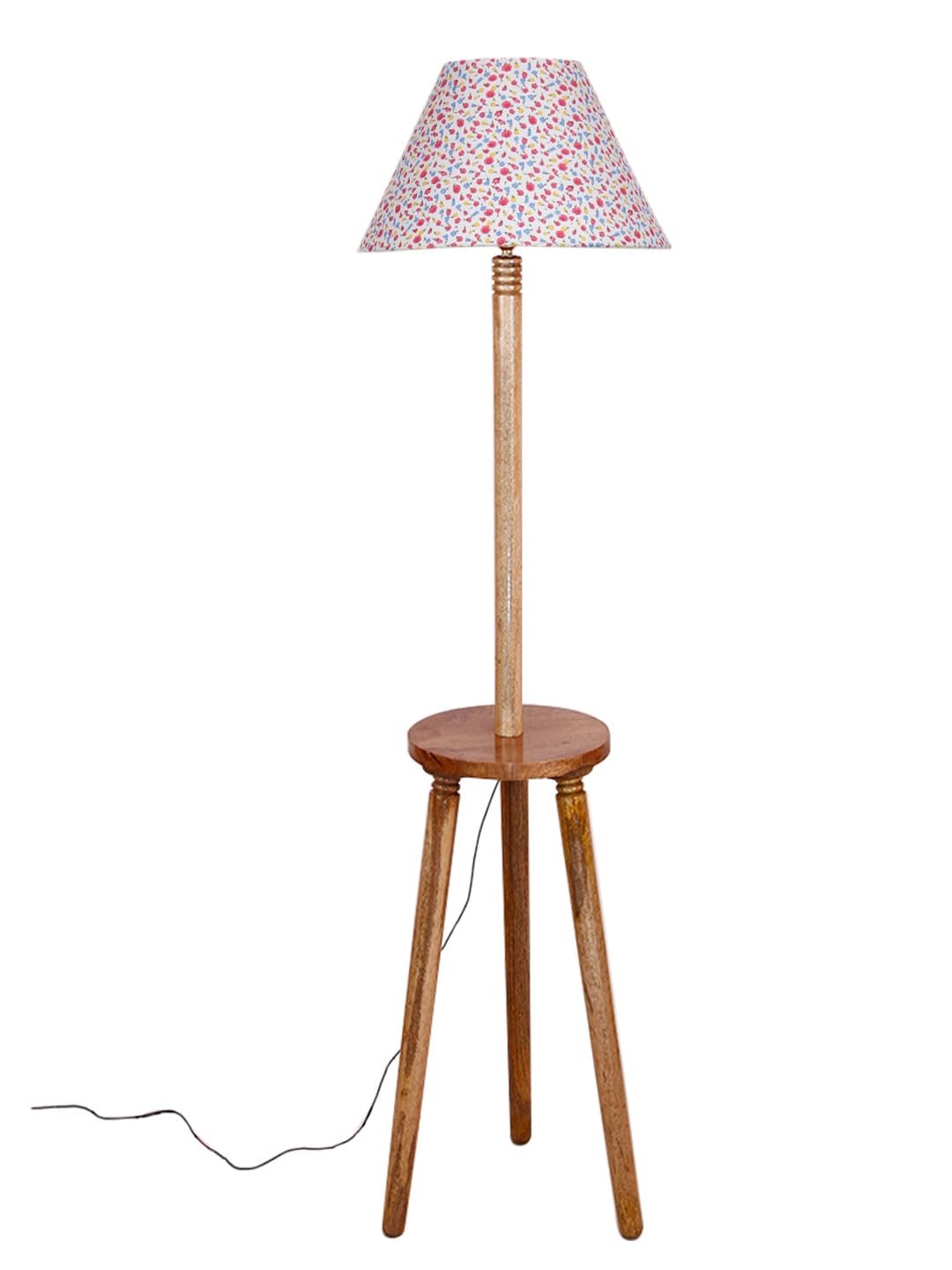 Printed Cotton Conical Wooden Floor Lamp -34(14x55.75inches) -Tripod Natural