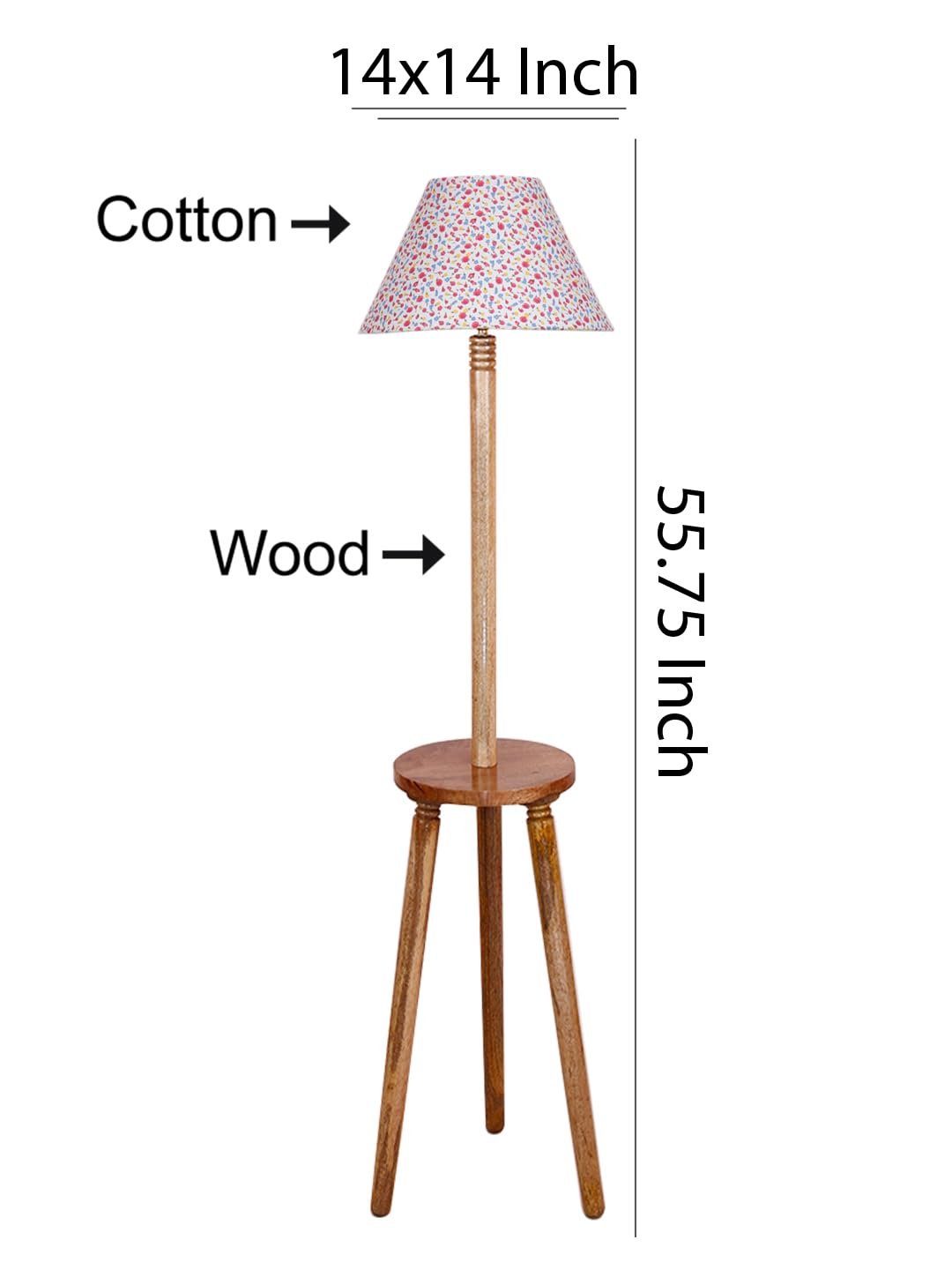 Printed Cotton Conical Wooden Floor Lamp -34(14x55.75inches) -Tripod Natural