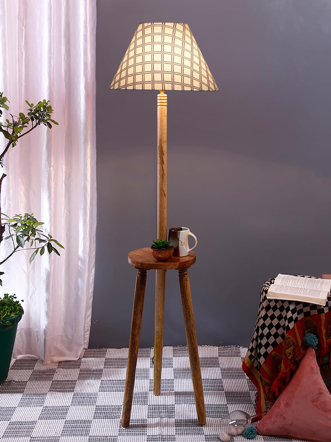 Printed Cotton Conical Wooden Floor Lamp -36-(14x55.75inches) -Tripod Natural
