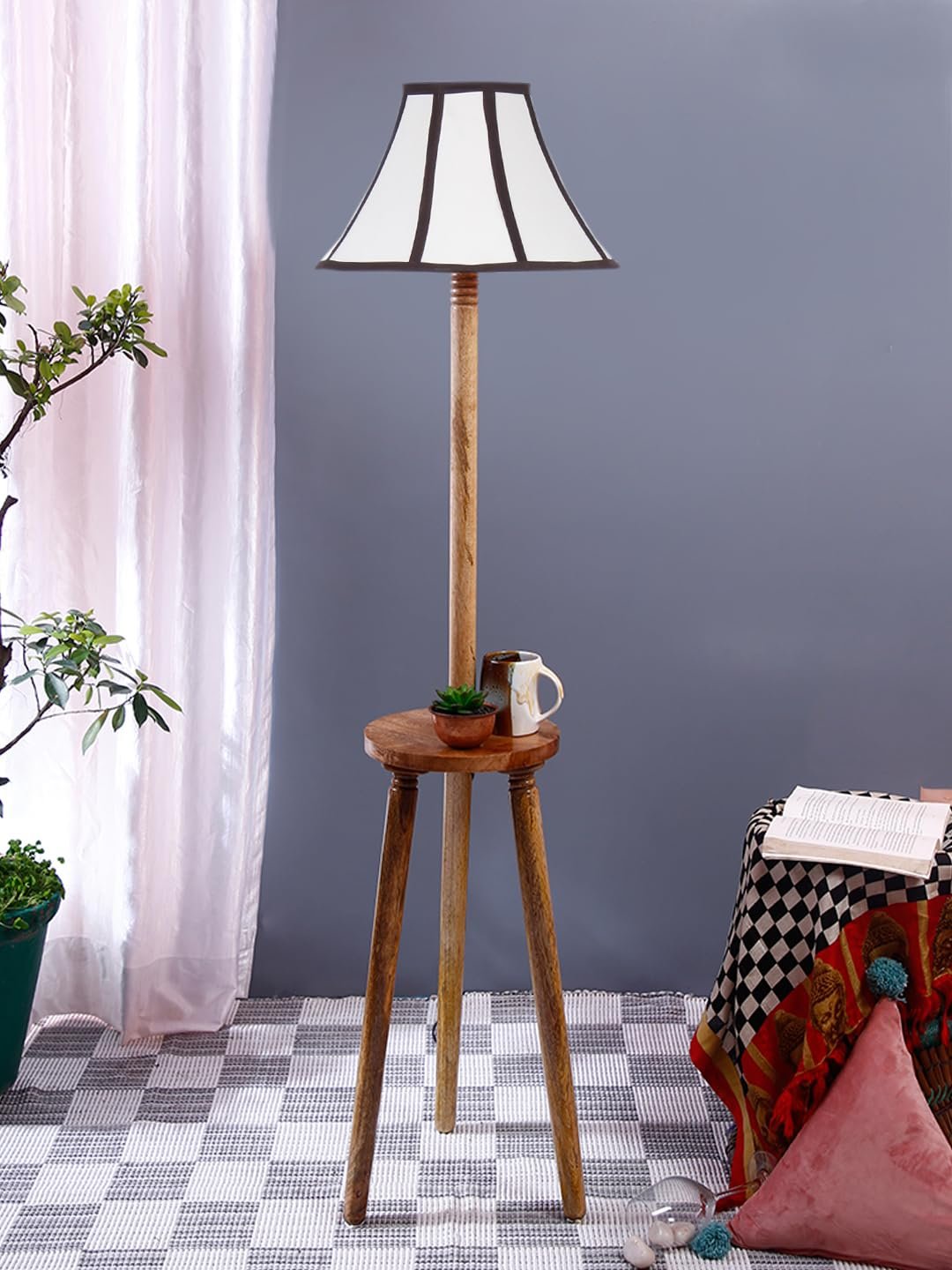 Multiclored Cotton Wooden Floor Lamp -39-(12x54.8inches) -Tripod Natural
