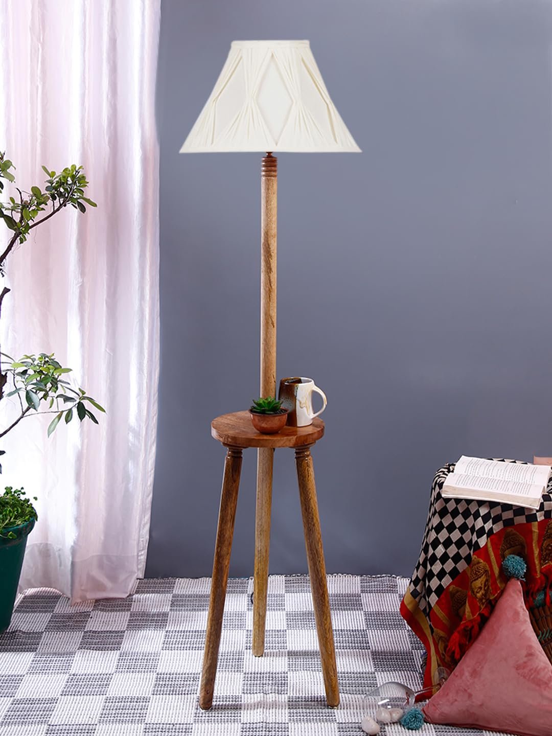 Vintage Cotton Curtain Pleated Shade Wood Floor Lamp -40(12x54.8inches)-Tripod Natural