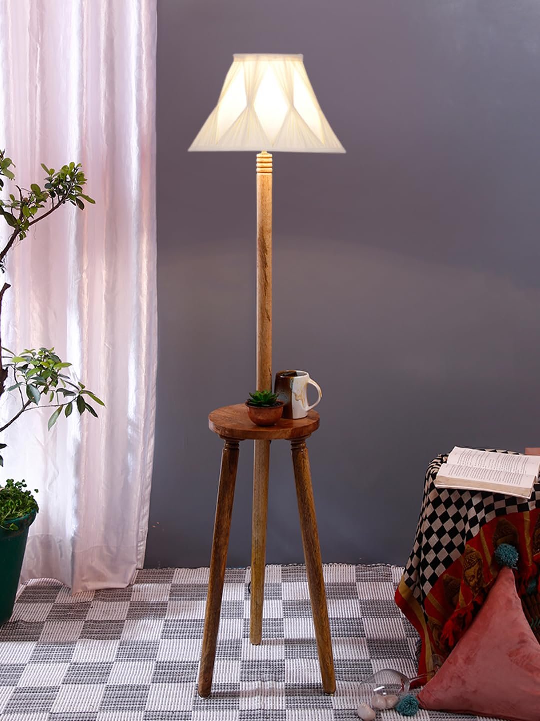 Vintage Cotton Curtain Pleated Shade Wood Floor Lamp -40(12x54.8inches)-Tripod Natural