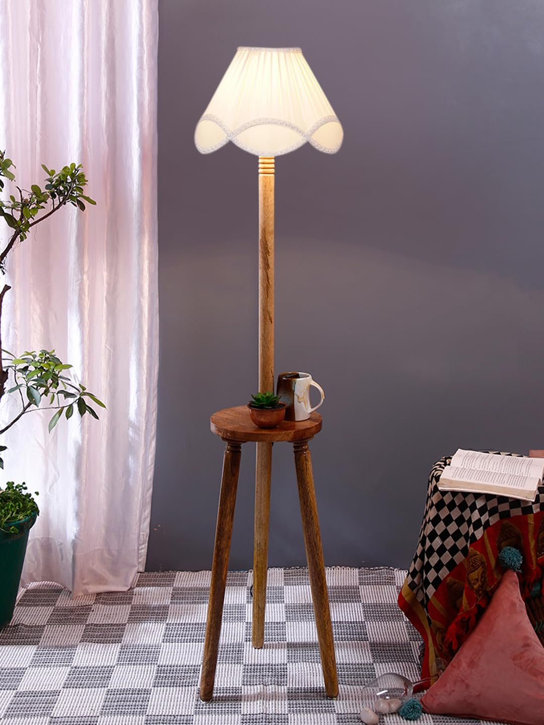 Vintage Cotton Shade Wood Floor Lamp -41-(12x54.8inches)-Tripod Natural