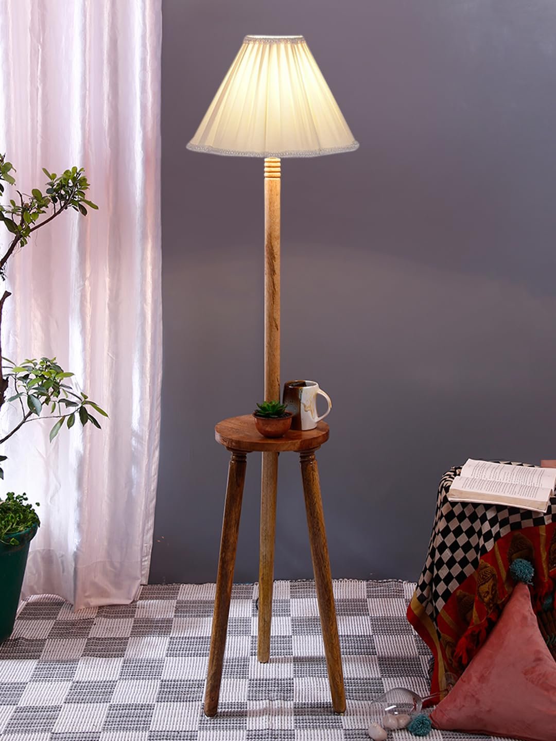 Vintage Cotton Shade Wood Floor Lamp -44-(12x53.75inches-Tripod Natural