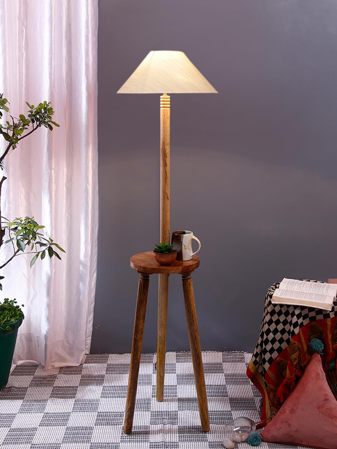 Off-White Cotton Coolie Floor Lamp -46(13x53.75inches)-Tripod Natural