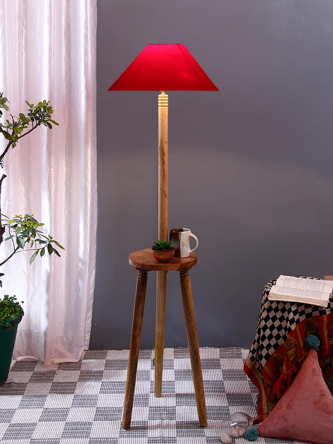 Red Cotton Coolie Floor Lamp -47 (13x53.75 inches)-Tripod Natural