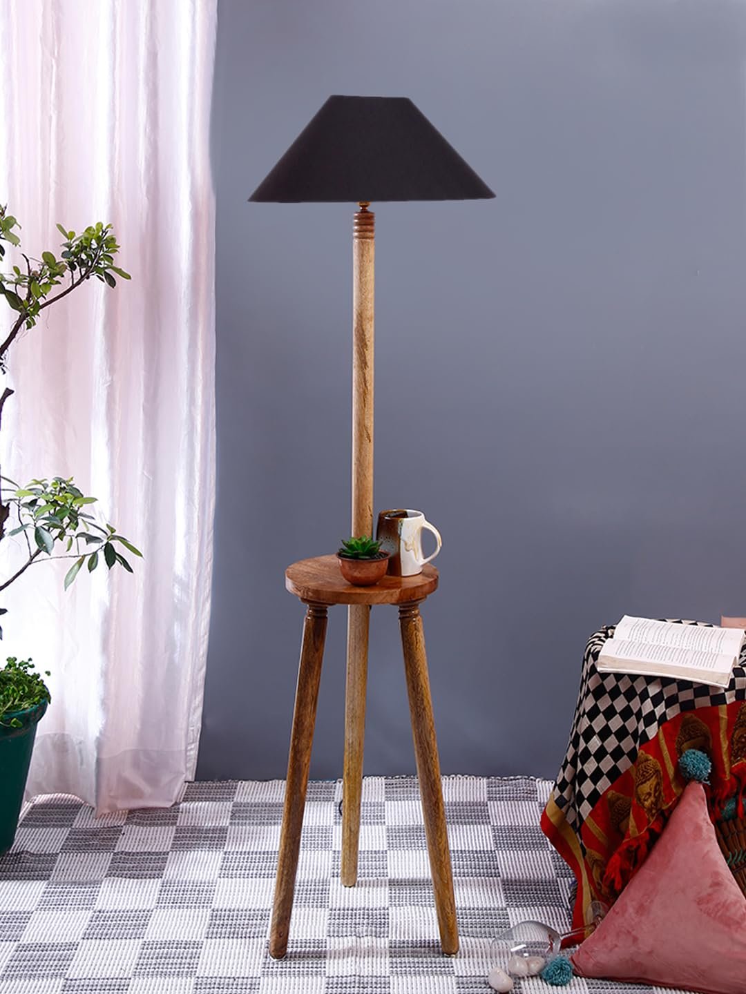 Black Cotton Coolie Floor Lamp -48(13x53.75 inches)-Tripod Natural