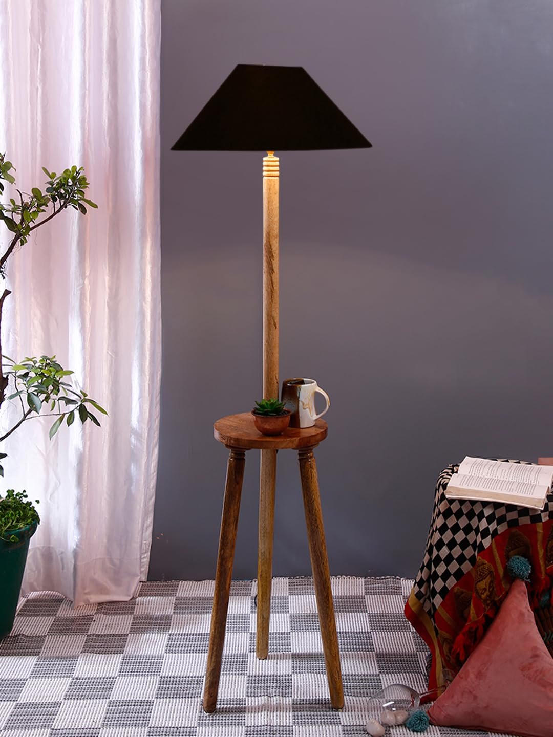 Black Cotton Coolie Floor Lamp -48(13x53.75 inches)-Tripod Natural