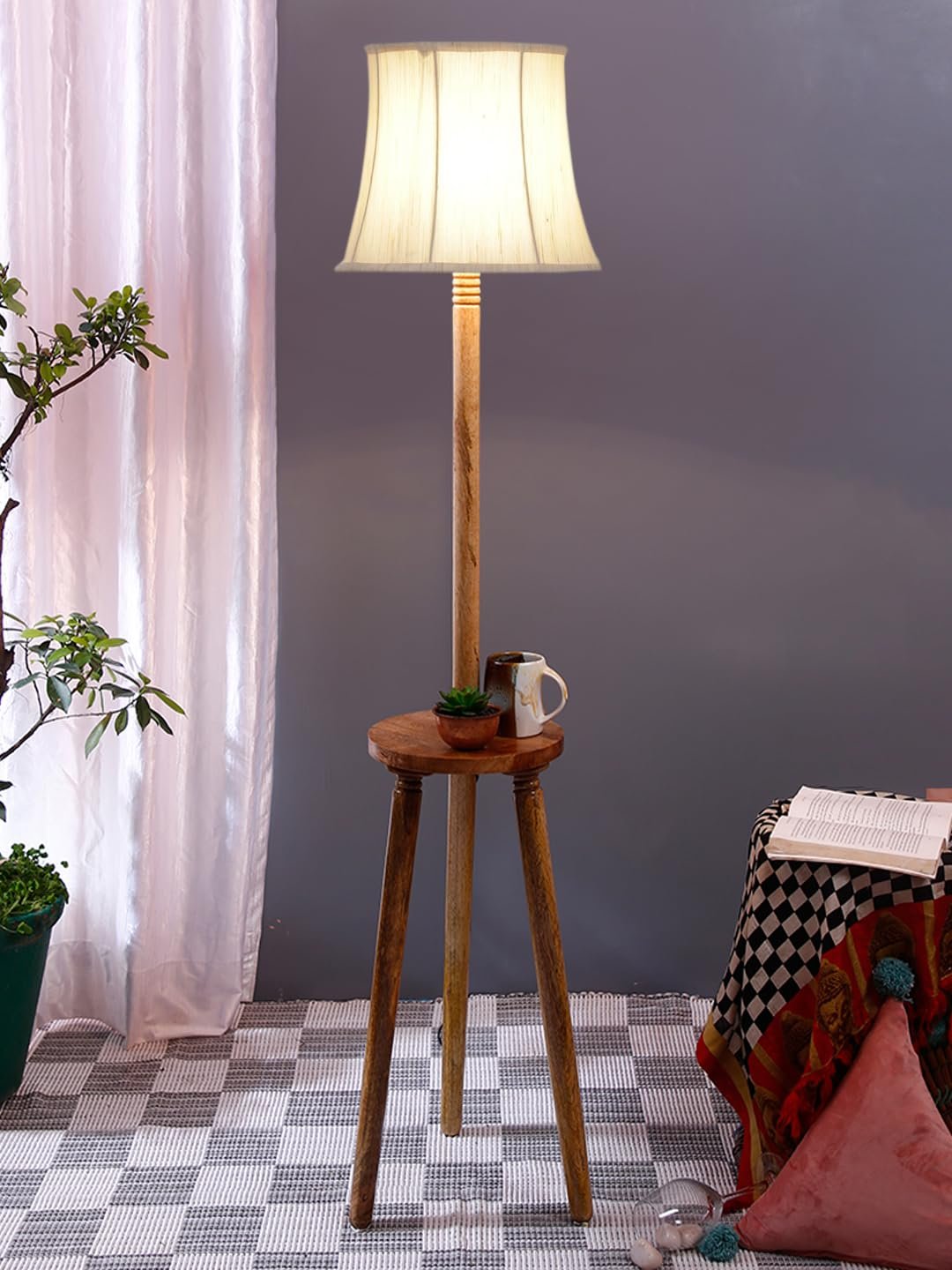 Soft Back Cotton Off-White Wooden Floor Lamp -53(12x56 Inches)-Tripod Natural