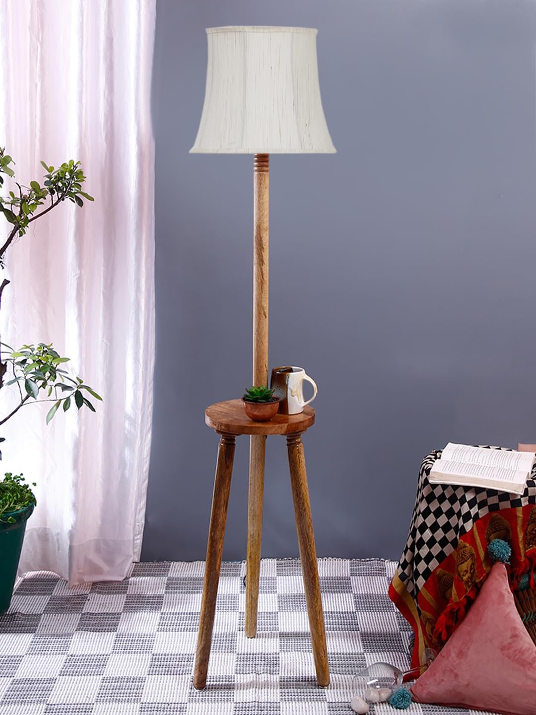 Soft Back Cotton Off-White Wooden Floor Lamp -53(12x56 Inches)-Tripod Natural