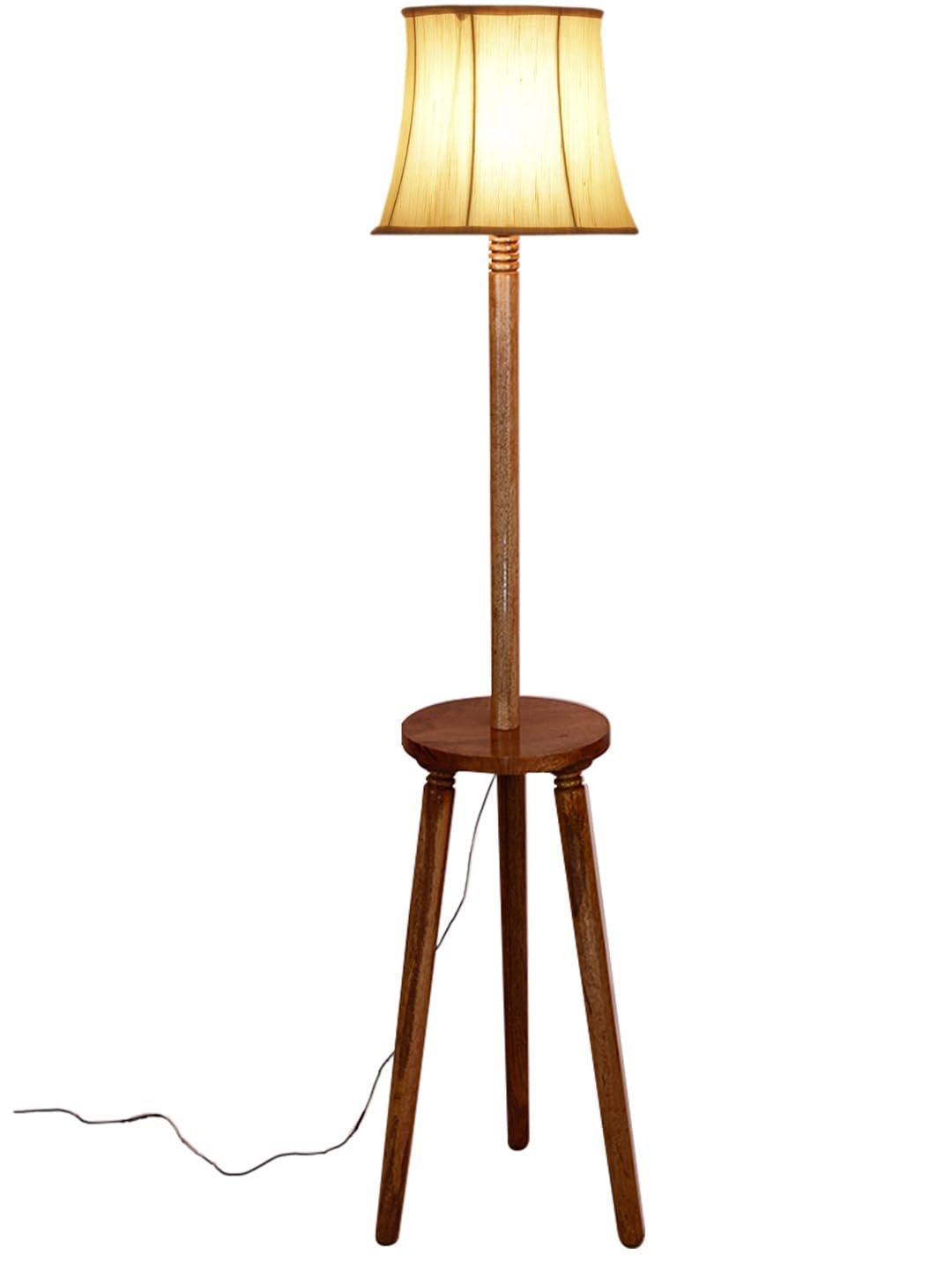 Soft Back Cotton Off-White Wooden Floor Lamp -53(12x56 Inches)-Tripod Natural