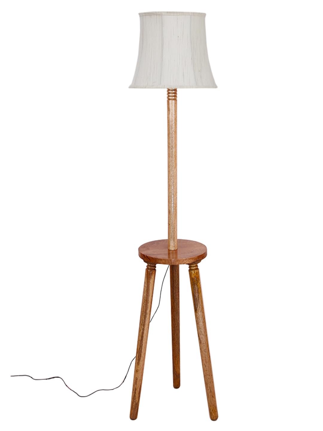 Soft Back Cotton Off-White Wooden Floor Lamp -53(12x56 Inches)-Tripod Natural
