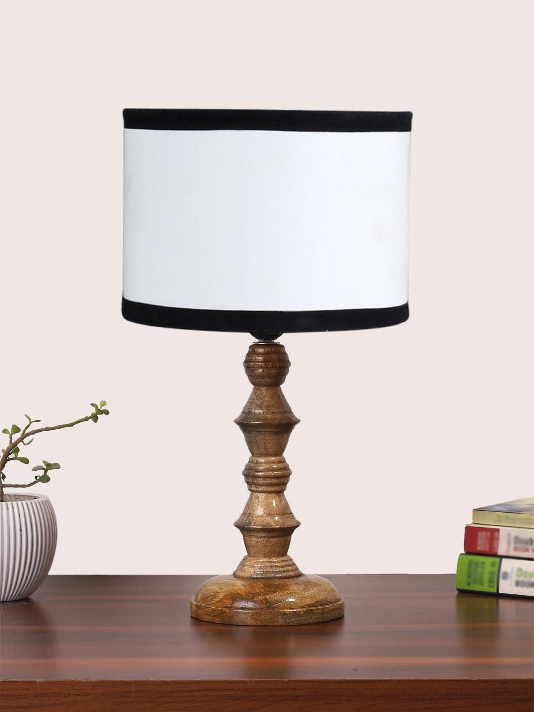 White & Black Cotton Shade Table Lamp with Wooden Base (Height 15.5 Inches, Without Bulb) | Elegant Bedside & Desk Lamp for Living Room, Bedroom, Home Decor, Office & Gift | Decorative Lamp