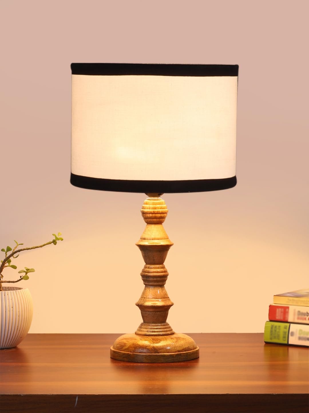 White & Black Cotton Shade Table Lamp with Wooden Base (Height 15.5 Inches, Without Bulb) | Elegant Bedside & Desk Lamp for Living Room, Bedroom, Home Decor, Office & Gift | Decorative Lamp