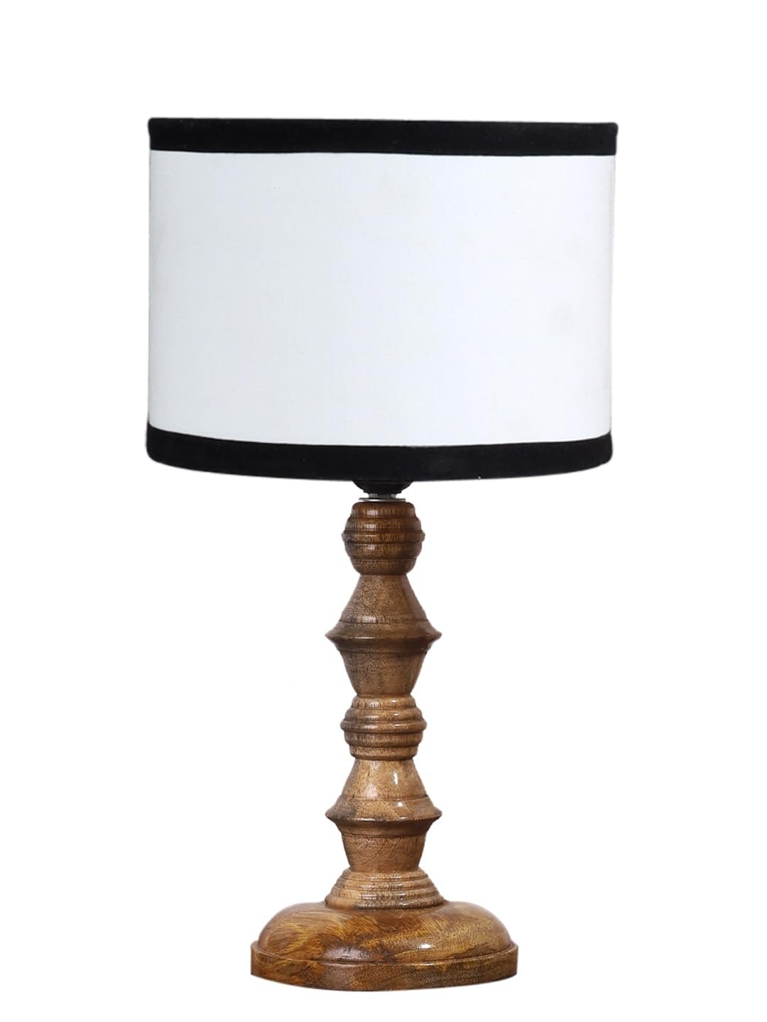 White & Black Cotton Shade Table Lamp with Wooden Base (Height 15.5 Inches, Without Bulb) | Elegant Bedside & Desk Lamp for Living Room, Bedroom, Home Decor, Office & Gift | Decorative Lamp