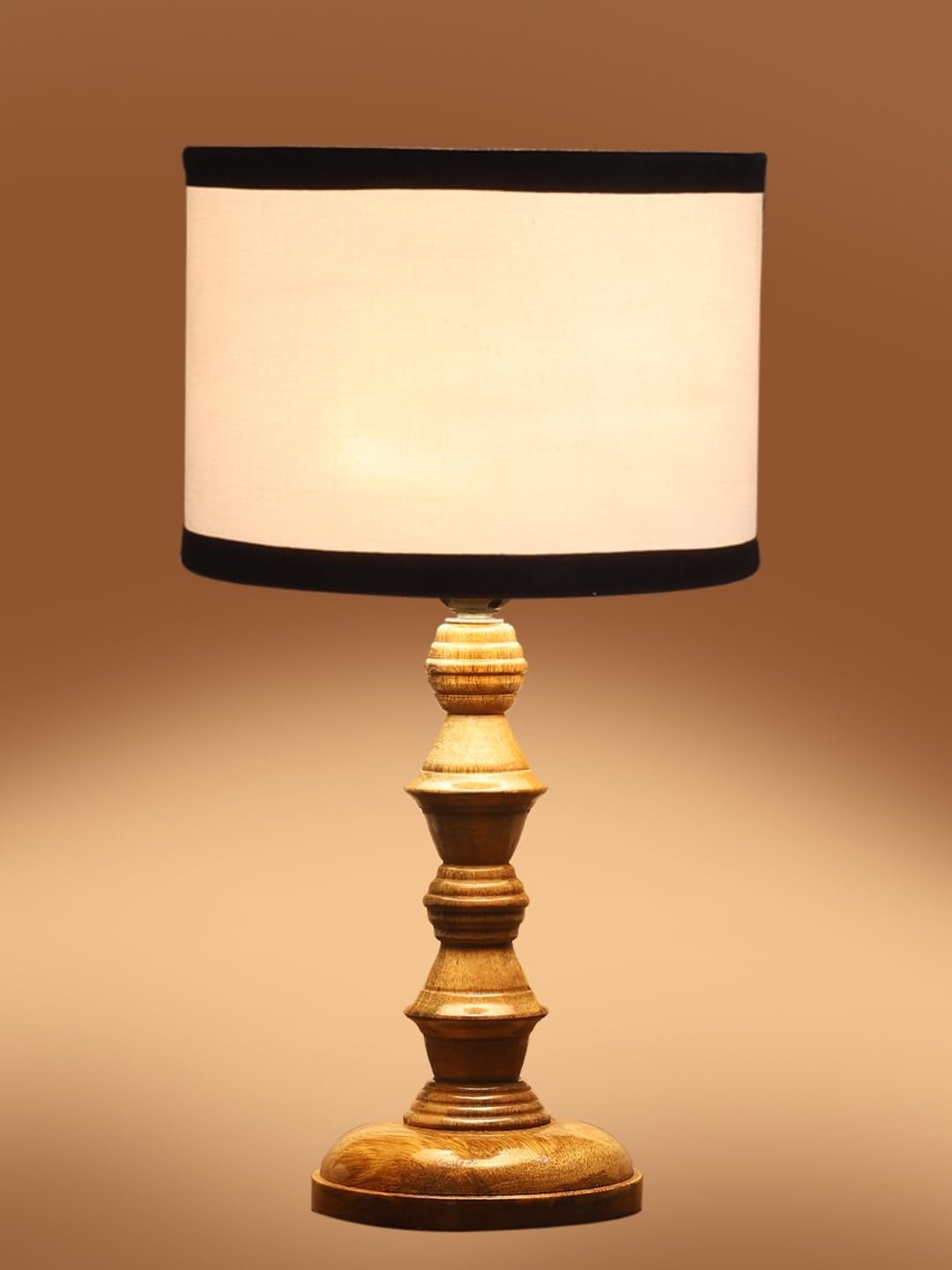 White & Black Cotton Shade Table Lamp with Wooden Base (Height 15.5 Inches, Without Bulb) | Elegant Bedside & Desk Lamp for Living Room, Bedroom, Home Decor, Office & Gift | Decorative Lamp