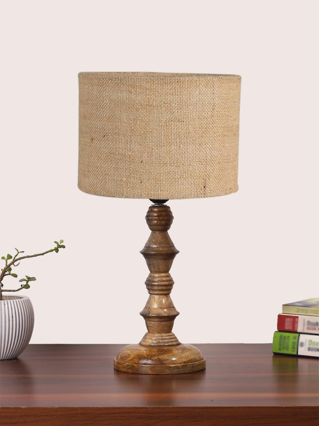 Beige Jute Shade Table Lamp with Wooden Base (Height 15.5 Inches, Without Bulb) | Elegant Bedside & Desk Lamp for Living Room, Bedroom, Home Decor, Office & Gift | Decorative Lighting Lamp