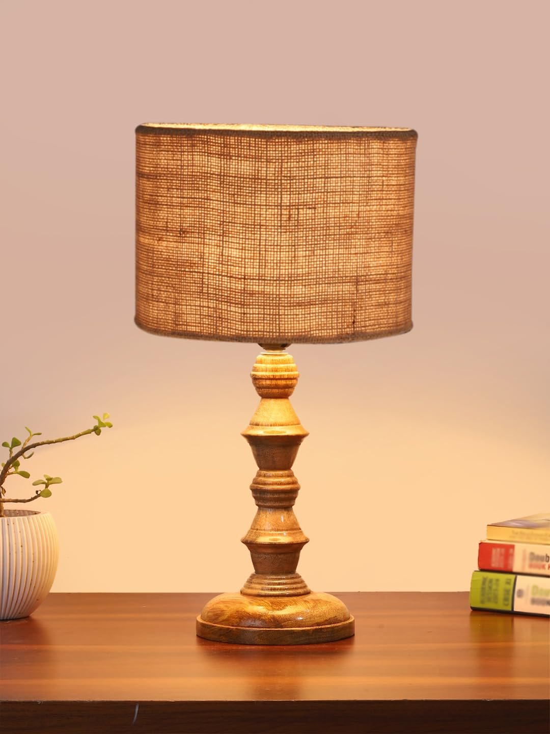 Beige Jute Shade Table Lamp with Wooden Base (Height 15.5 Inches, Without Bulb) | Elegant Bedside & Desk Lamp for Living Room, Bedroom, Home Decor, Office & Gift | Decorative Lighting Lamp