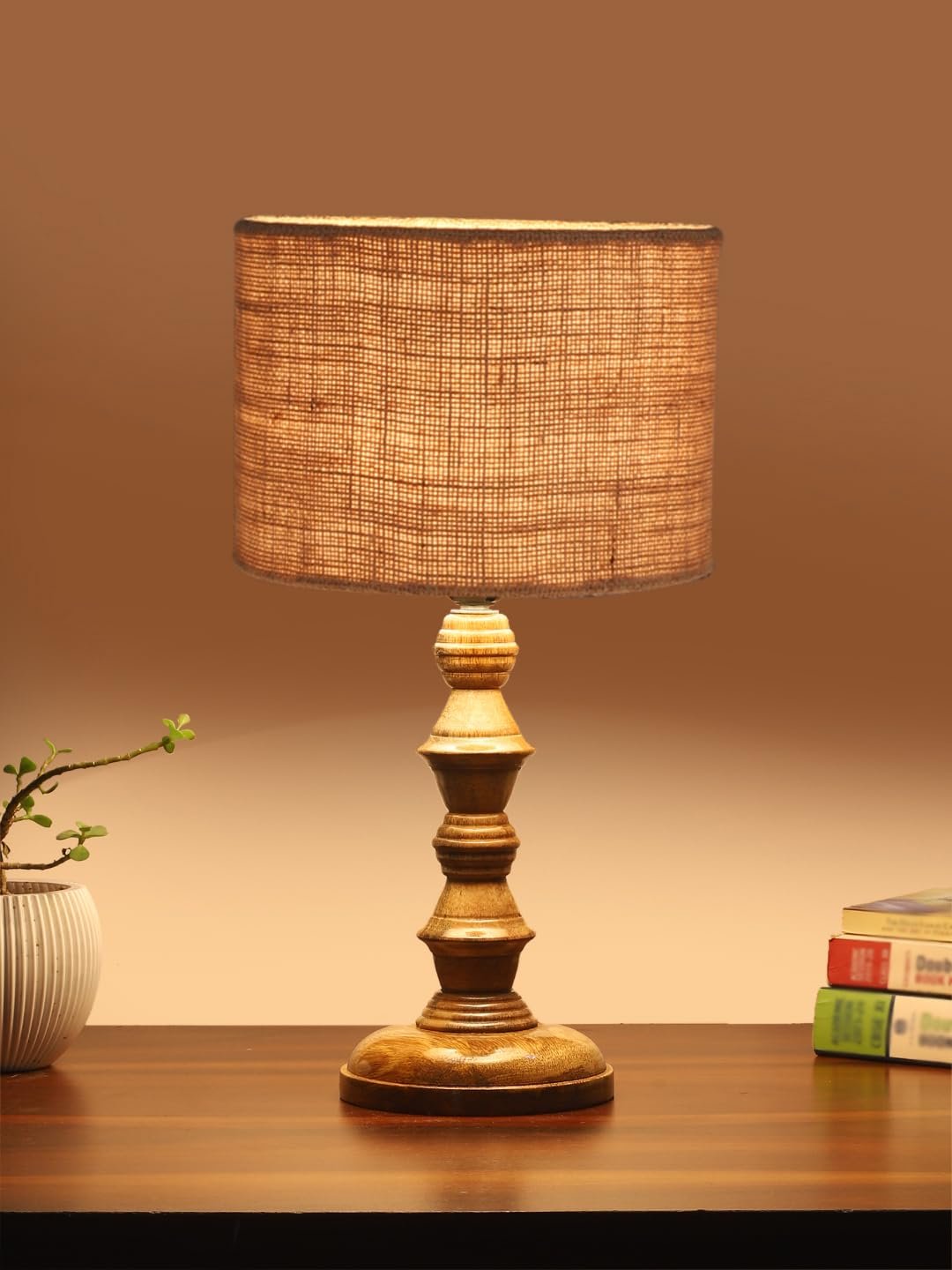 Beige Jute Shade Table Lamp with Wooden Base (Height 15.5 Inches, Without Bulb) | Elegant Bedside & Desk Lamp for Living Room, Bedroom, Home Decor, Office & Gift | Decorative Lighting Lamp